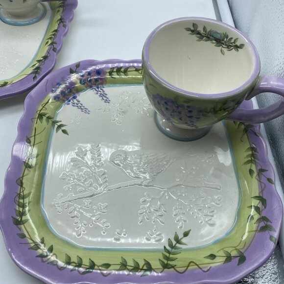 Wisteria Collection Snack 2 Set Plate and Cup w Embossed Bluebird Home Interior - Picture 3 of 10
